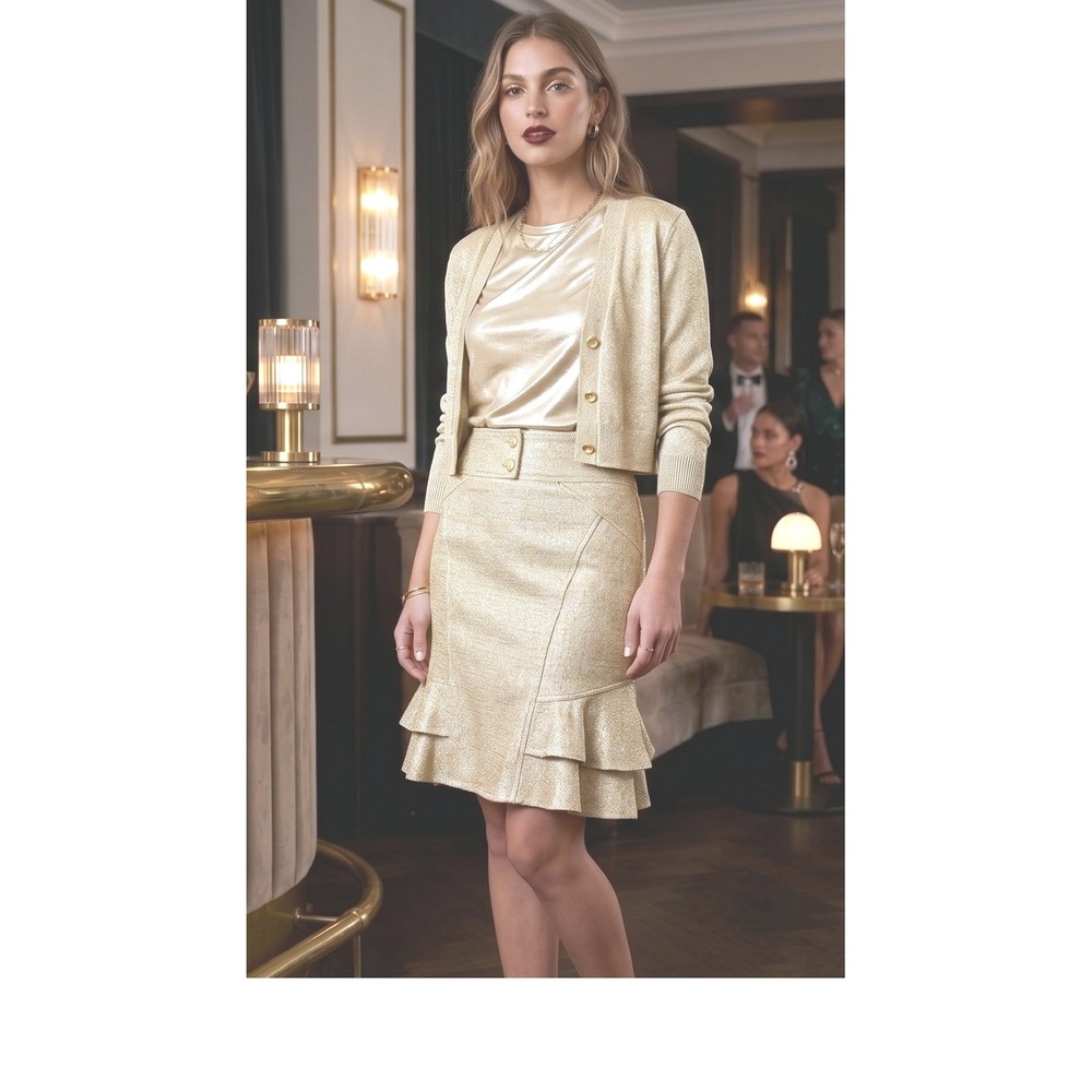 Cache Skirt 2 Linen Blend Gold Metallic Shimmer Ruffle Preppy Glam Going Out Vtg